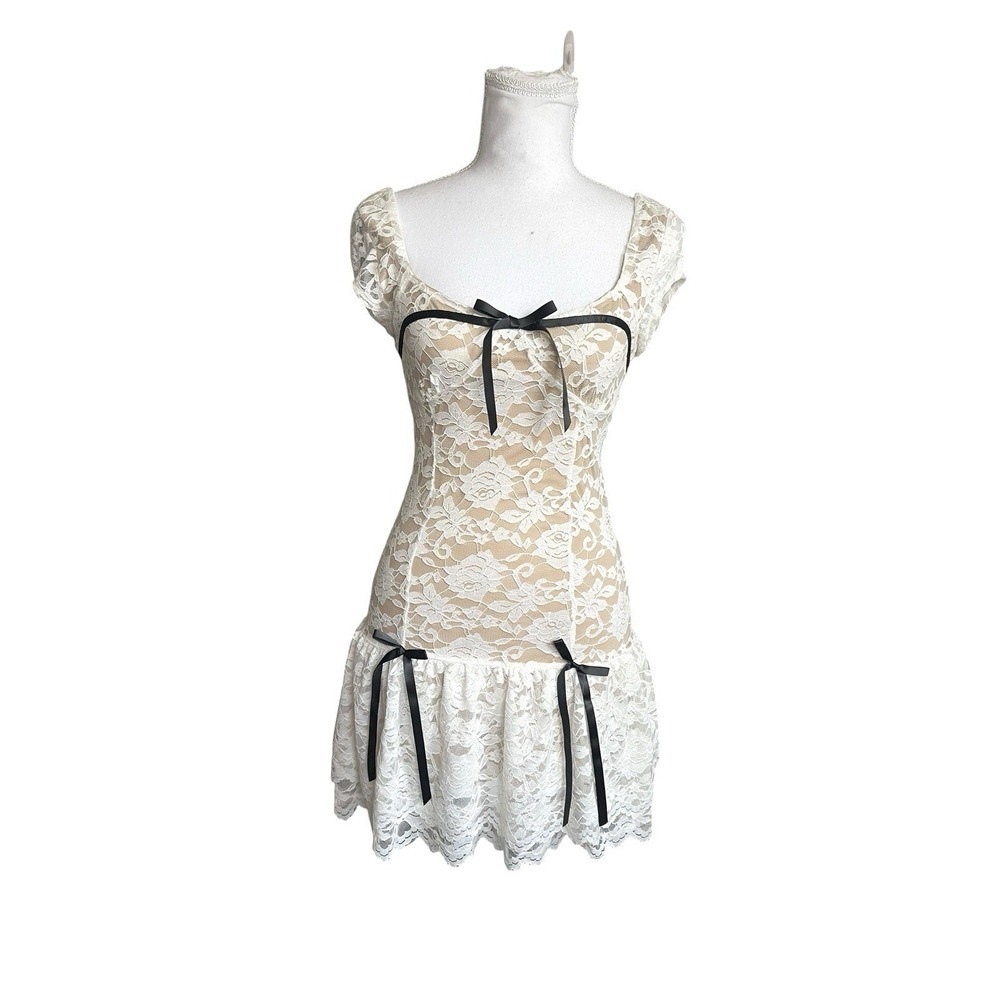 NWT Forever 21 White Lace Babydoll Ruffle Mini Dress Sz S Coquette Balletcore